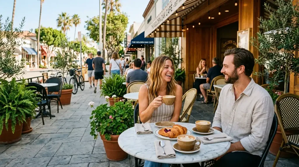 sunlit cafe with latte pastries